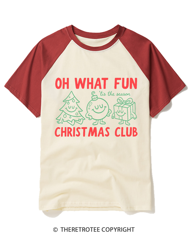 TheRetroTee Oh What Fun Christmas Club 1960s Raglan Baseball T-Shirt