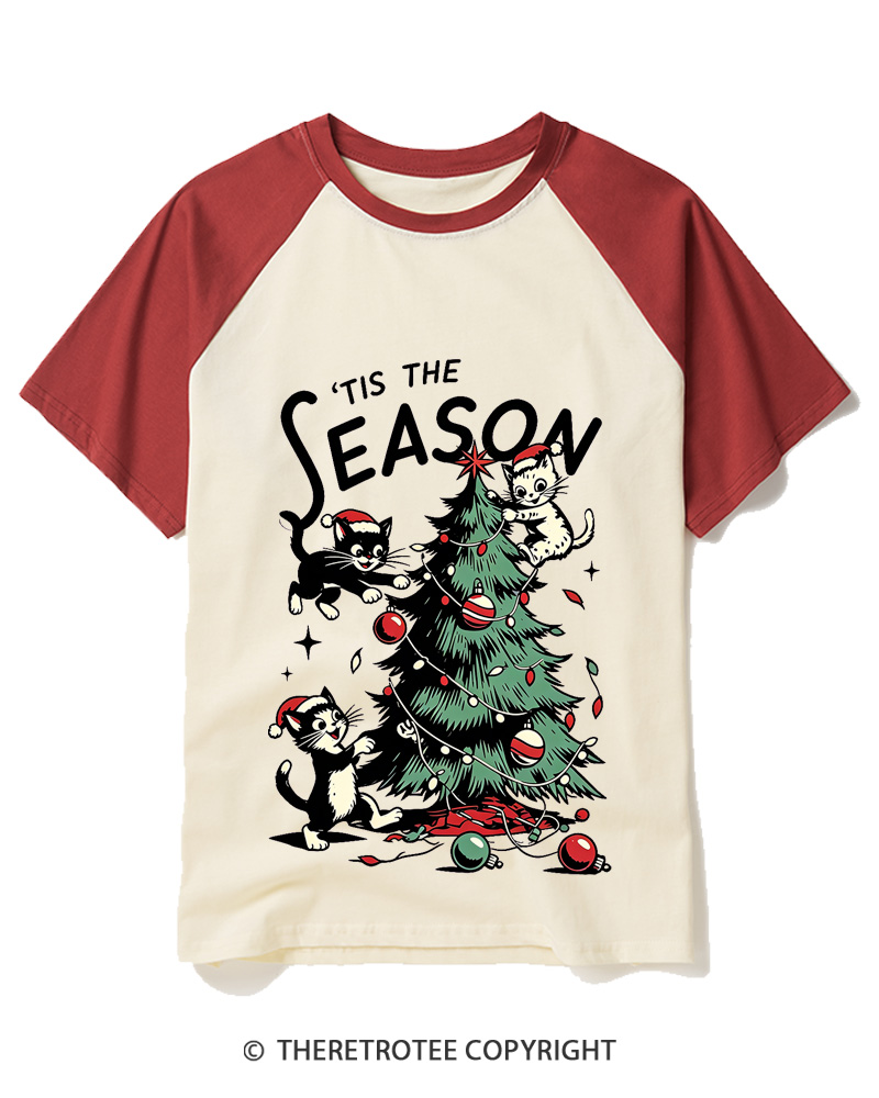 TheRetroTee Tis The Season 1950s Raglan Baseball T-Shirt
