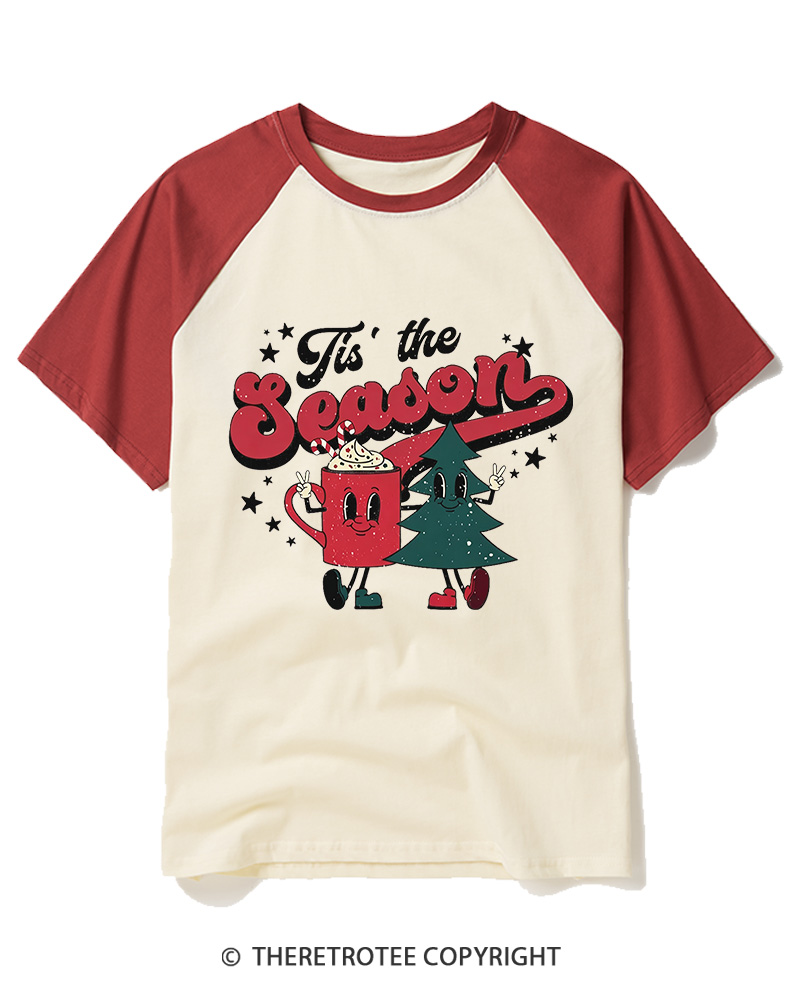 TheRetroTee Tis The Season 1970s Raglan Baseball T-Shirt