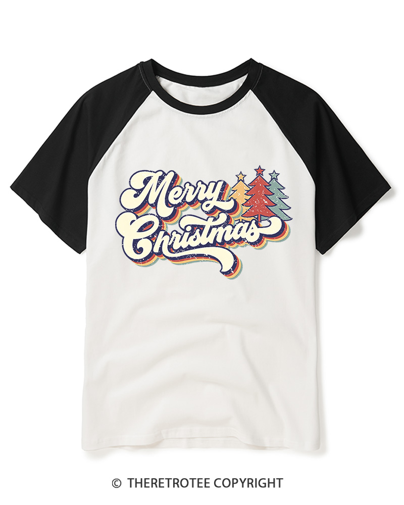TheRetroTee Merry Christmas 1970s Raglan Baseball T-Shirt