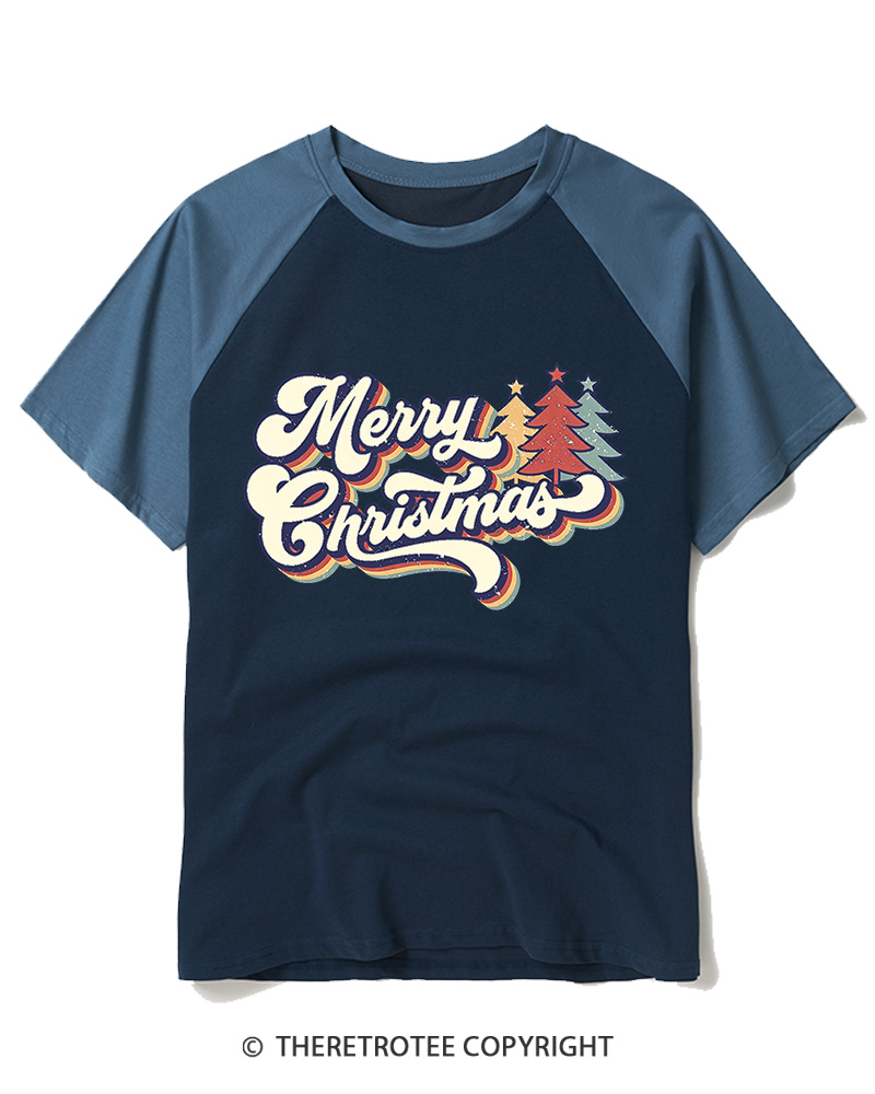 TheRetroTee Merry Christmas 1970s Raglan Baseball T-Shirt