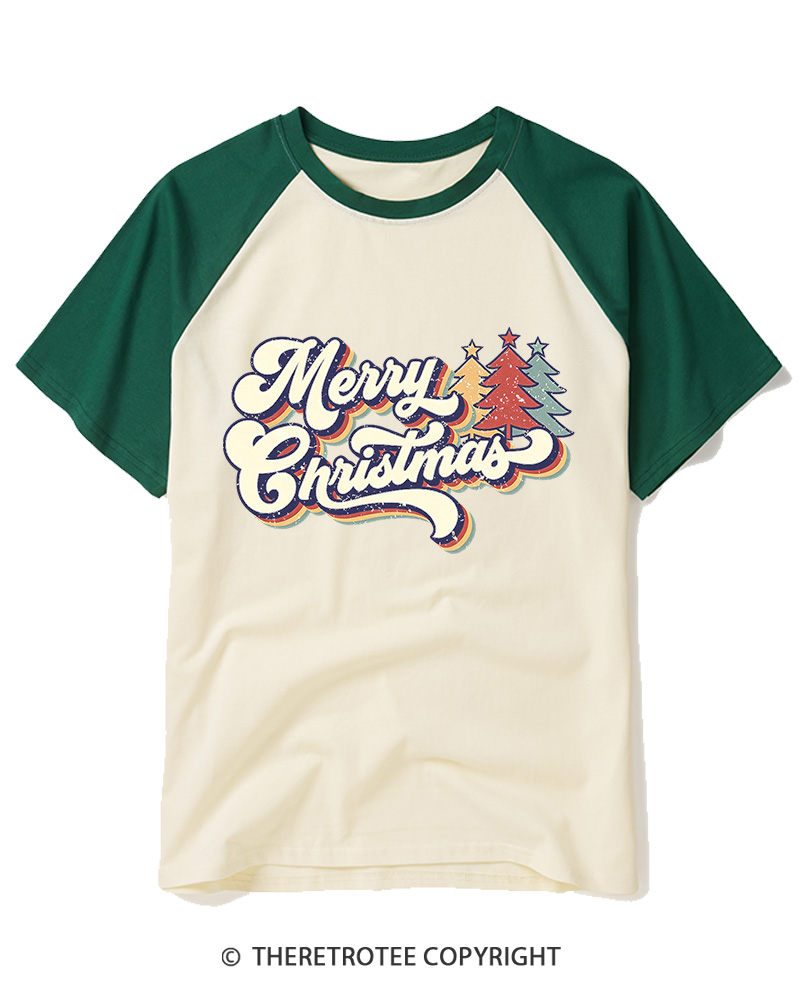 TheRetroTee Merry Christmas 1970s Raglan Baseball T-Shirt
