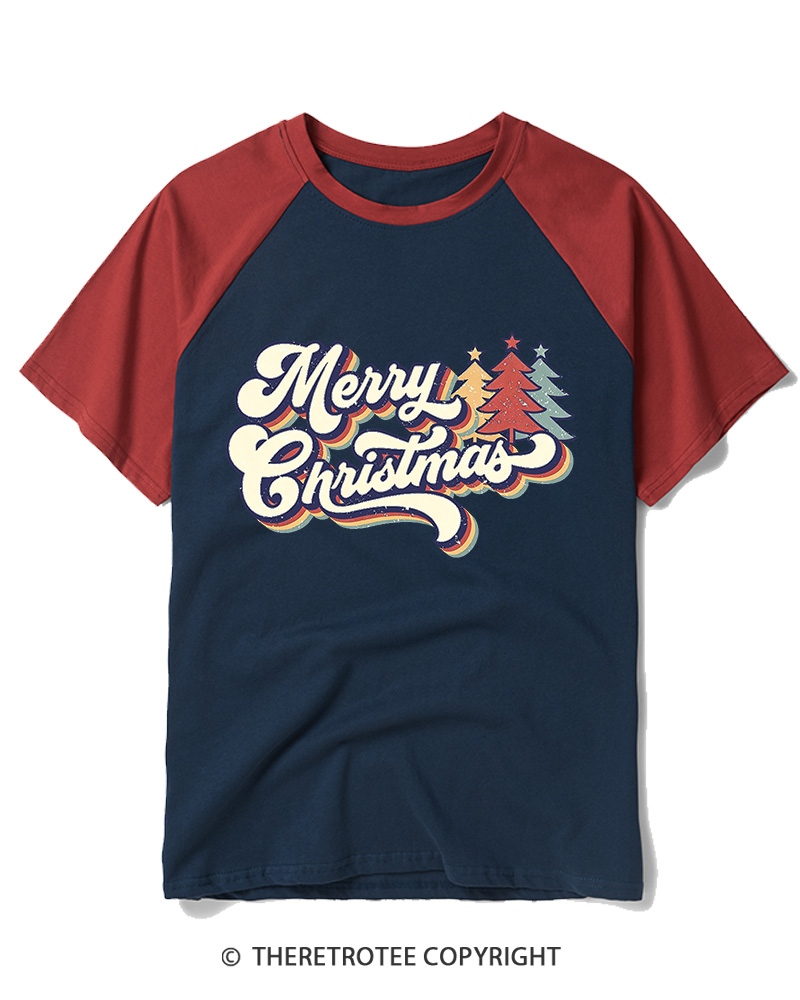 TheRetroTee Merry Christmas 1970s Raglan Baseball T-Shirt