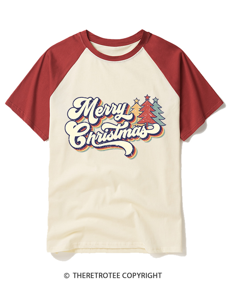 TheRetroTee Merry Christmas 1970s Raglan Baseball T-Shirt