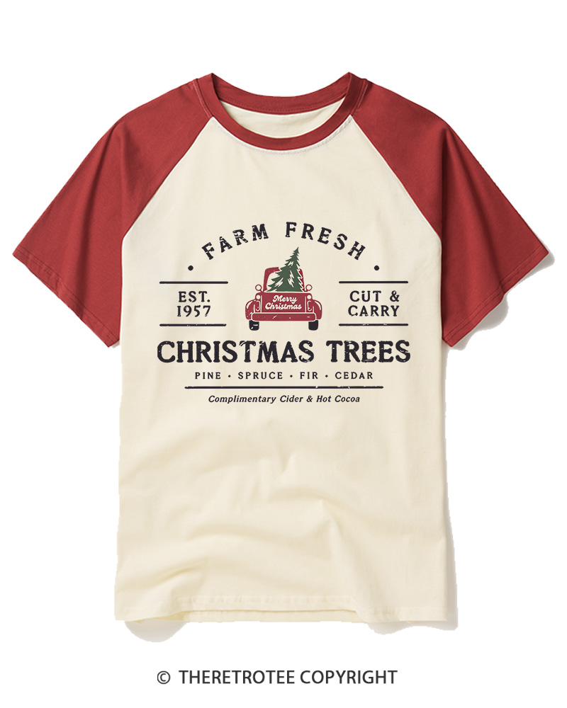 TheRetroTee Farm Fresh Christmas Trees 1950s Raglan Baseball T-Shirt