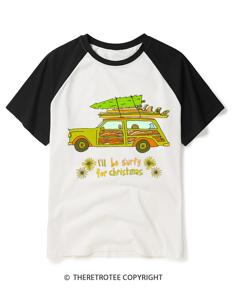 TheRetroTee I’ll be surfy for Christmas 1970s Raglan Baseball T-Shirt
