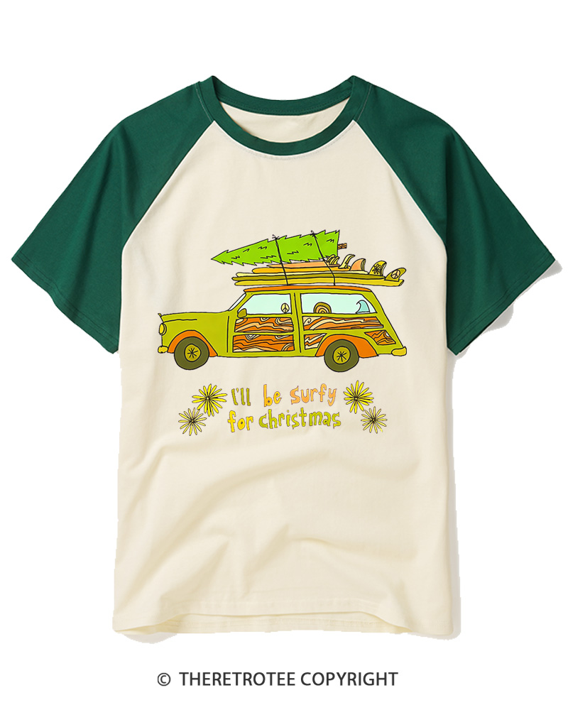 TheRetroTee I’ll be surfy for Christmas 1970s Raglan Baseball T-Shirt