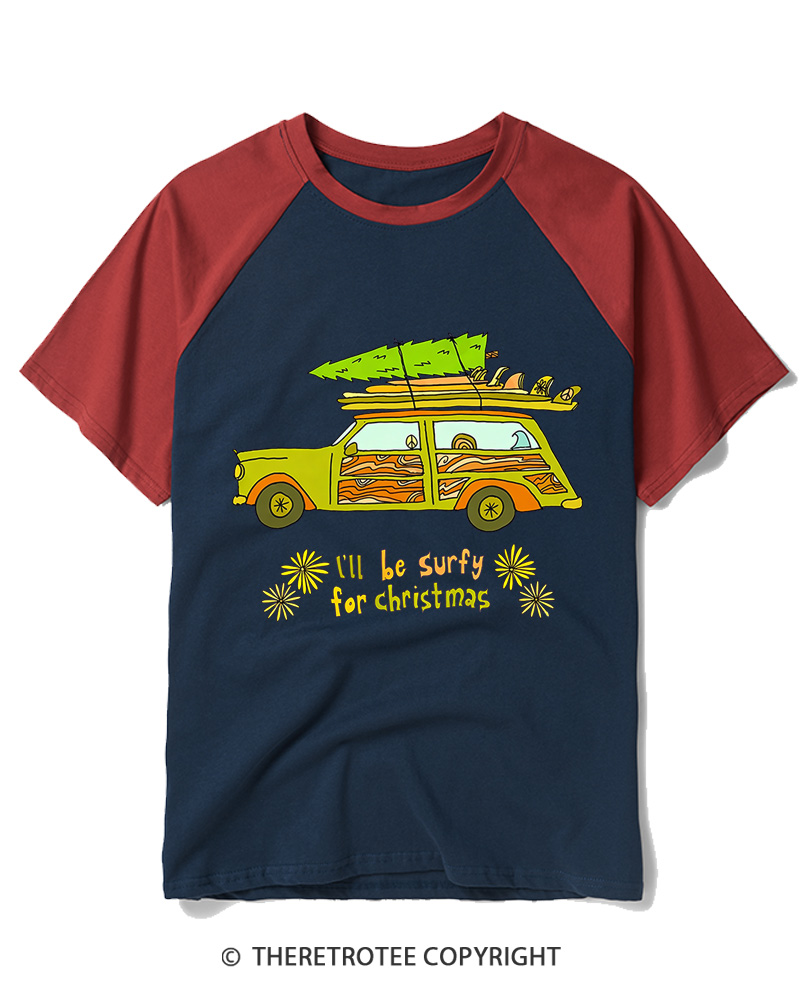 TheRetroTee I’ll be surfy for Christmas 1970s Raglan Baseball T-Shirt