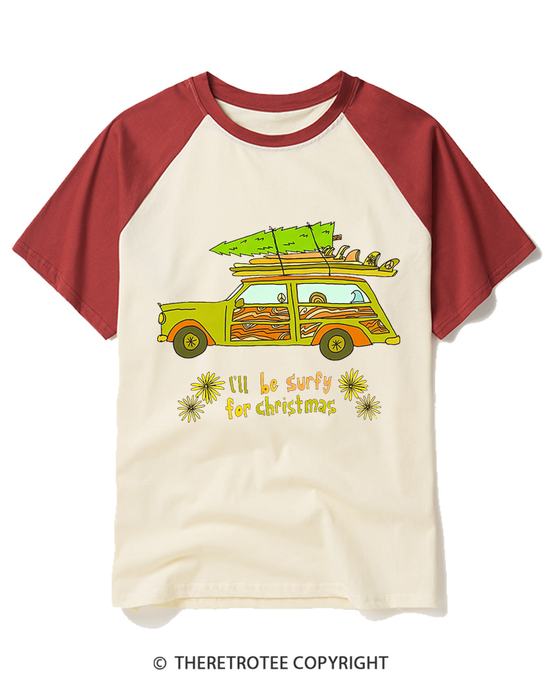 TheRetroTee I’ll be surfy for Christmas 1970s Raglan Baseball T-Shirt