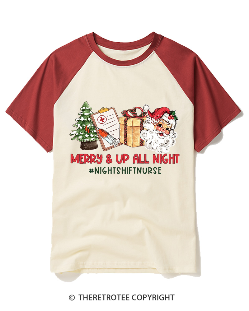 TheRetroTee Night Shift nurse christmas 1950s Raglan Baseball T-Shirt