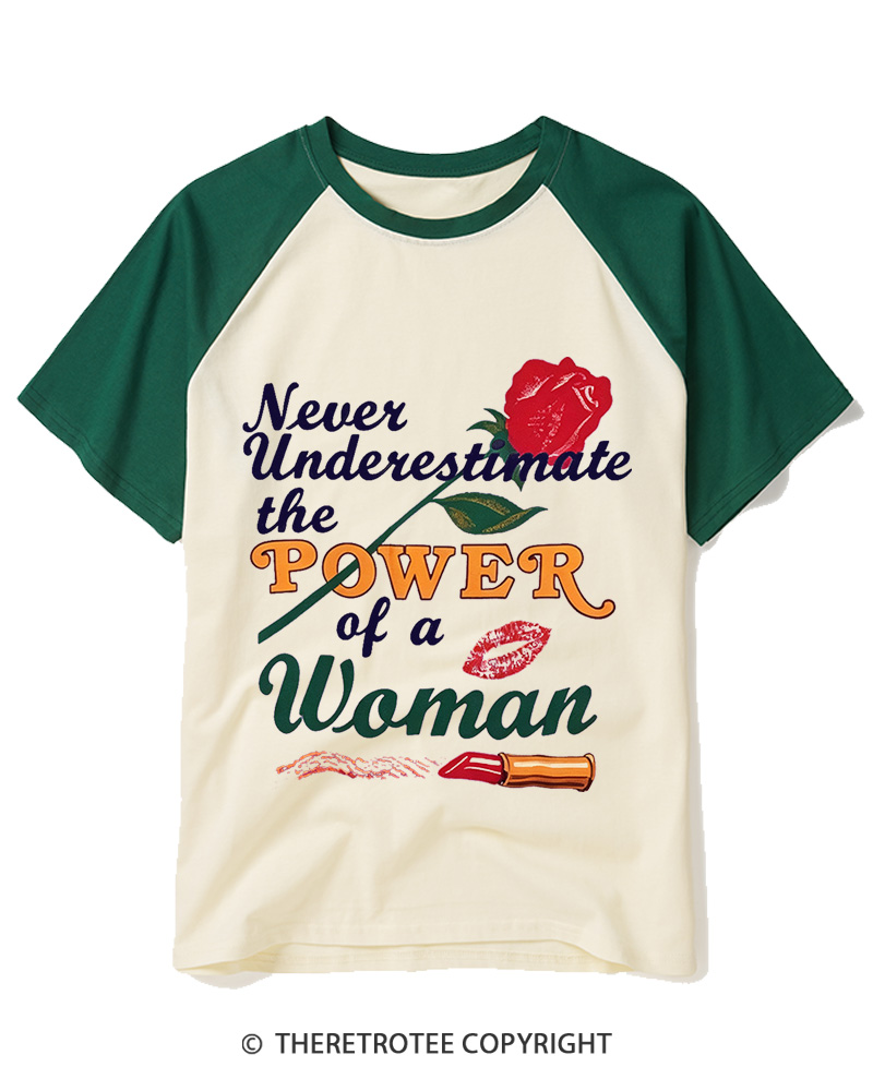TheRetroTee Never Underestimate The Power Of A Woman 1970s Raglan Baseball T-Shirt