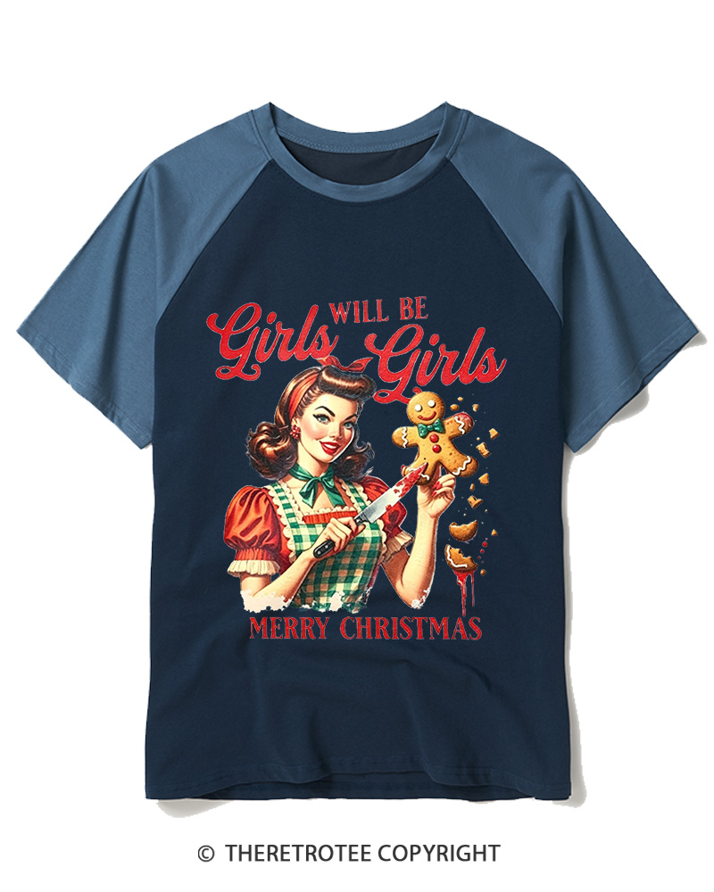 TheRetroTee Girls Will Be Girls1950s Raglan Baseball T-Shirt