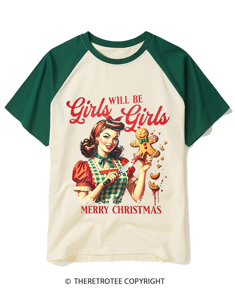 TheRetroTee Girls Will Be Girls1950s Raglan Baseball T-Shirt
