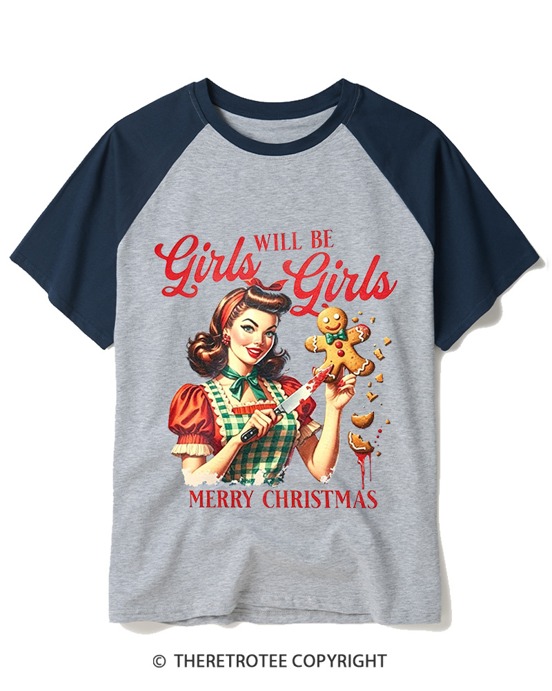 TheRetroTee Girls Will Be Girls1950s Raglan Baseball T-Shirt