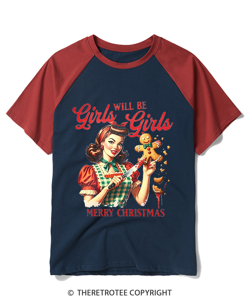 TheRetroTee Girls Will Be Girls1950s Raglan Baseball T-Shirt