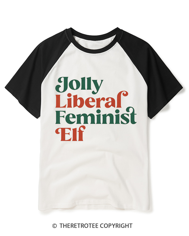 TheRetroTee Jolly Liberal Feminist Elf1970s Raglan Baseball T-Shirt