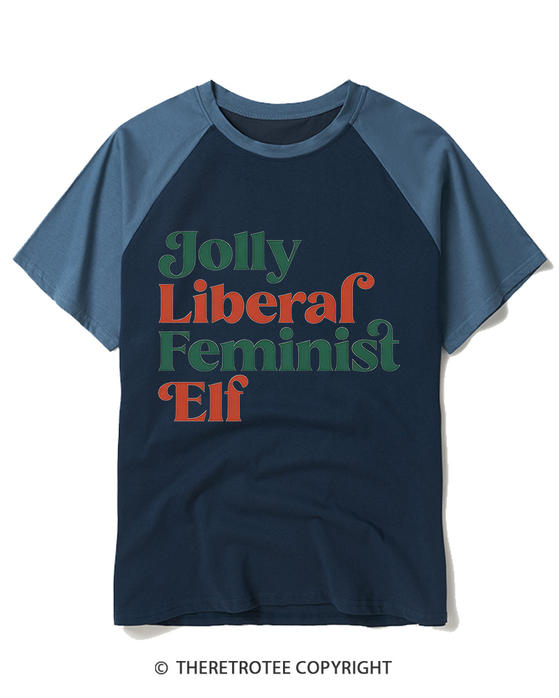 TheRetroTee Jolly Liberal Feminist Elf1970s Raglan Baseball T-Shirt
