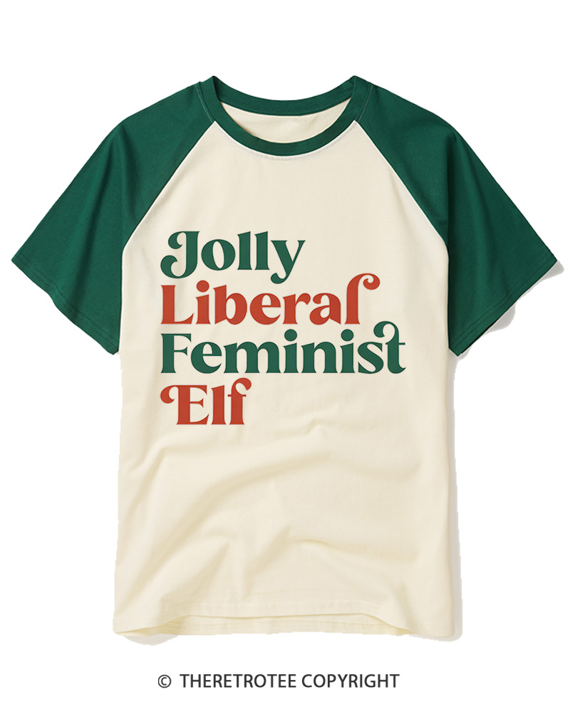 TheRetroTee Jolly Liberal Feminist Elf1970s Raglan Baseball T-Shirt