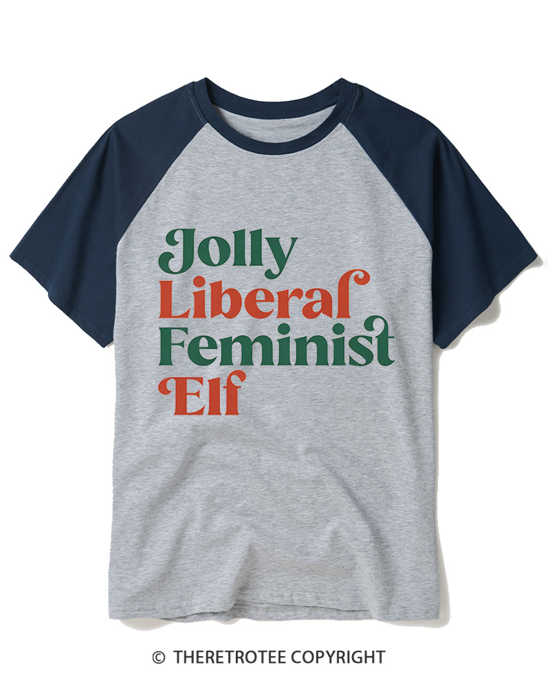TheRetroTee Jolly Liberal Feminist Elf1970s Raglan Baseball T-Shirt