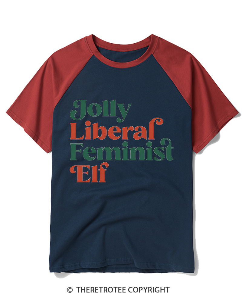 TheRetroTee Jolly Liberal Feminist Elf1970s Raglan Baseball T-Shirt
