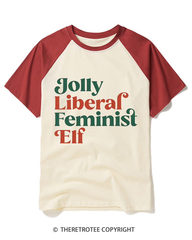 TheRetroTee Jolly Liberal Feminist Elf1970s Raglan Baseball T-Shirt