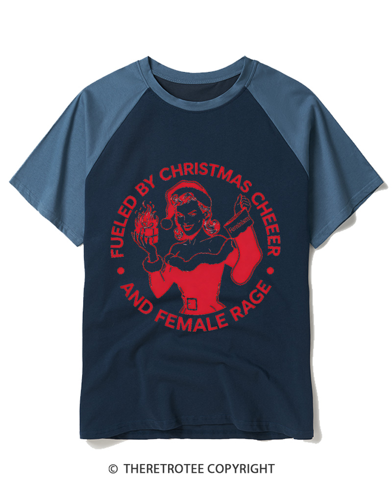 TheRetroTee Fueled By Christmas Cheer And Female Rage1960s Raglan Baseball T-Shirt