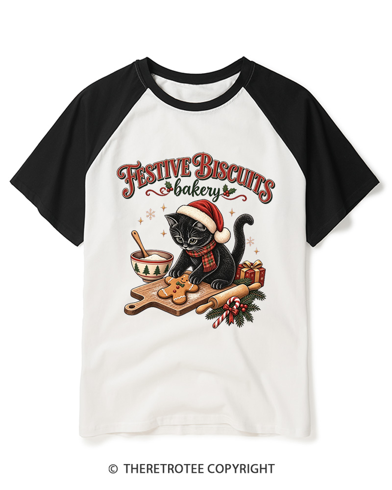 TheRetroTee Festive Biscuits bakery 1950s Raglan Baseball T-Shirt