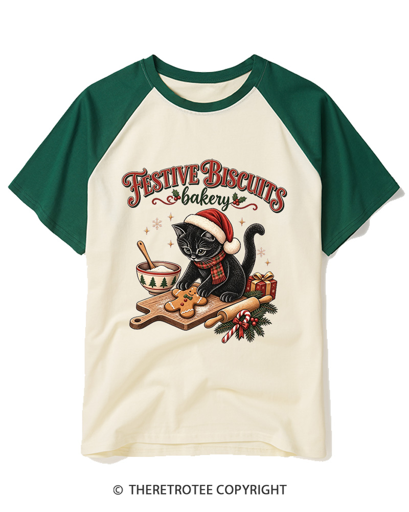 TheRetroTee Festive Biscuits bakery 1950s Raglan Baseball T-Shirt