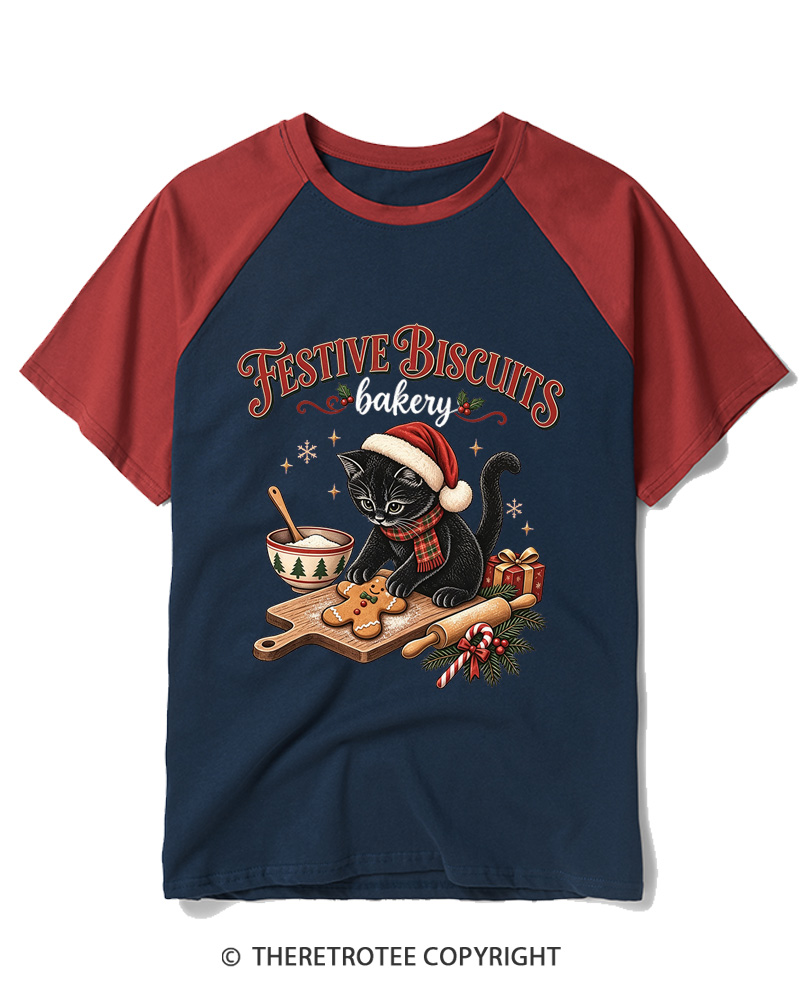TheRetroTee Festive Biscuits bakery 1950s Raglan Baseball T-Shirt