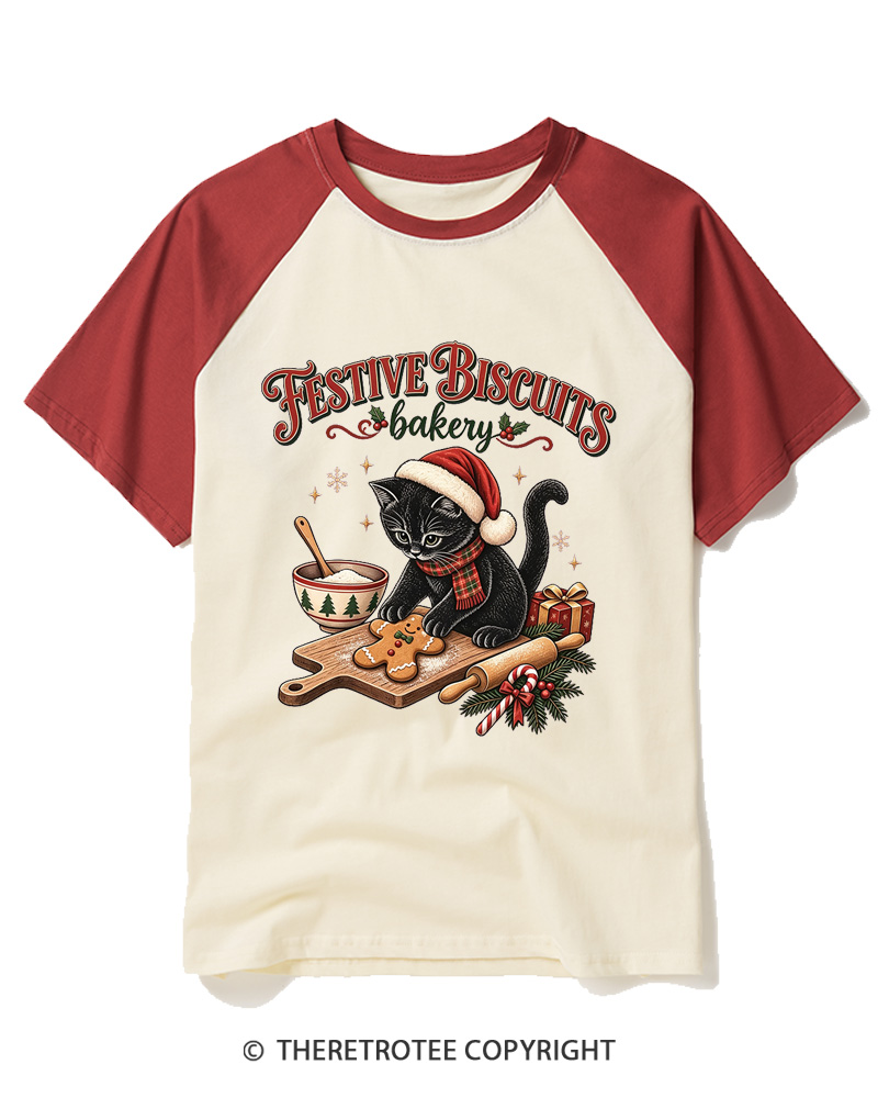 TheRetroTee Festive Biscuits bakery 1950s Raglan Baseball T-Shirt