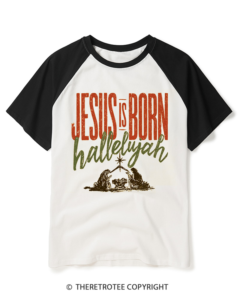 TheRetroTee Jesus Is Born Hallelujah 1970s Raglan Baseball T-Shirt
