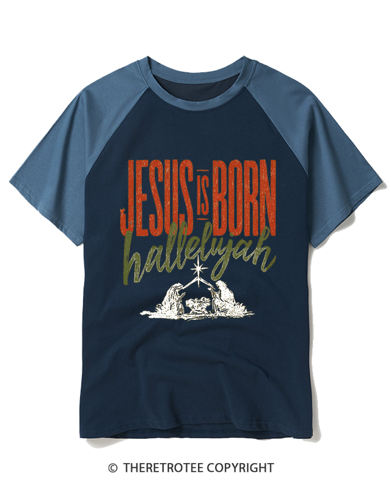 TheRetroTee Jesus Is Born Hallelujah 1970s Raglan Baseball T-Shirt