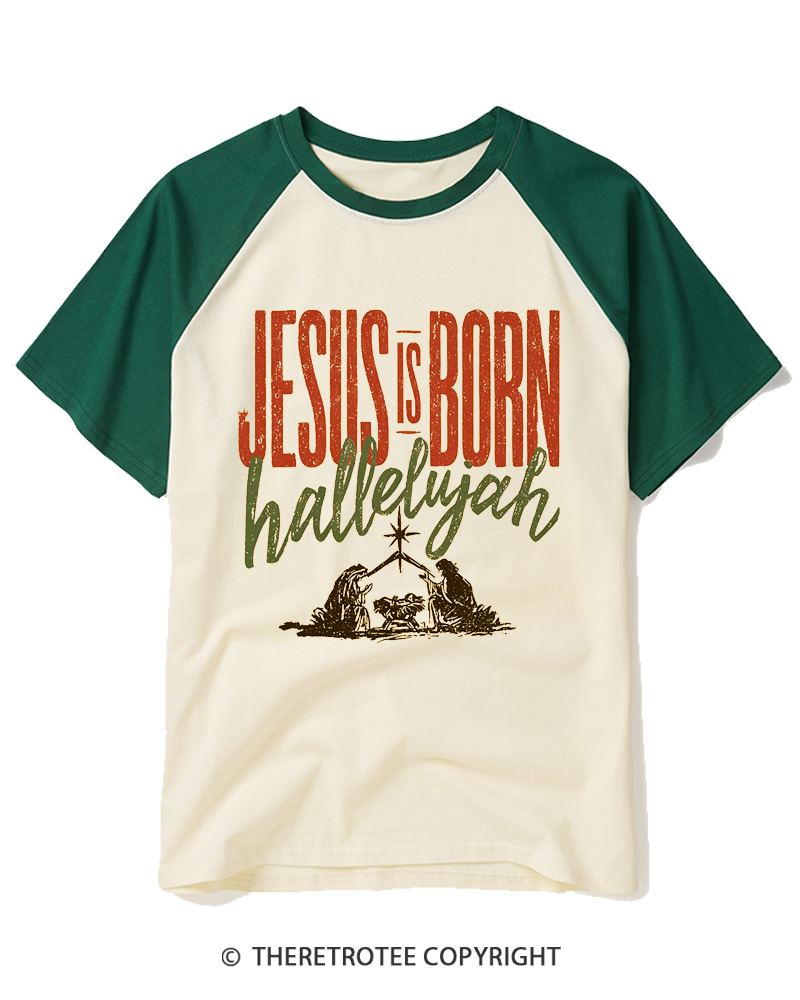 TheRetroTee Jesus Is Born Hallelujah 1970s Raglan Baseball T-Shirt