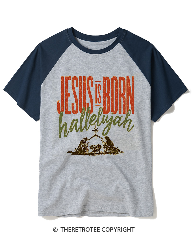 TheRetroTee Jesus Is Born Hallelujah 1970s Raglan Baseball T-Shirt