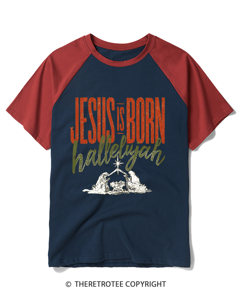 TheRetroTee Jesus Is Born Hallelujah 1970s Raglan Baseball T-Shirt