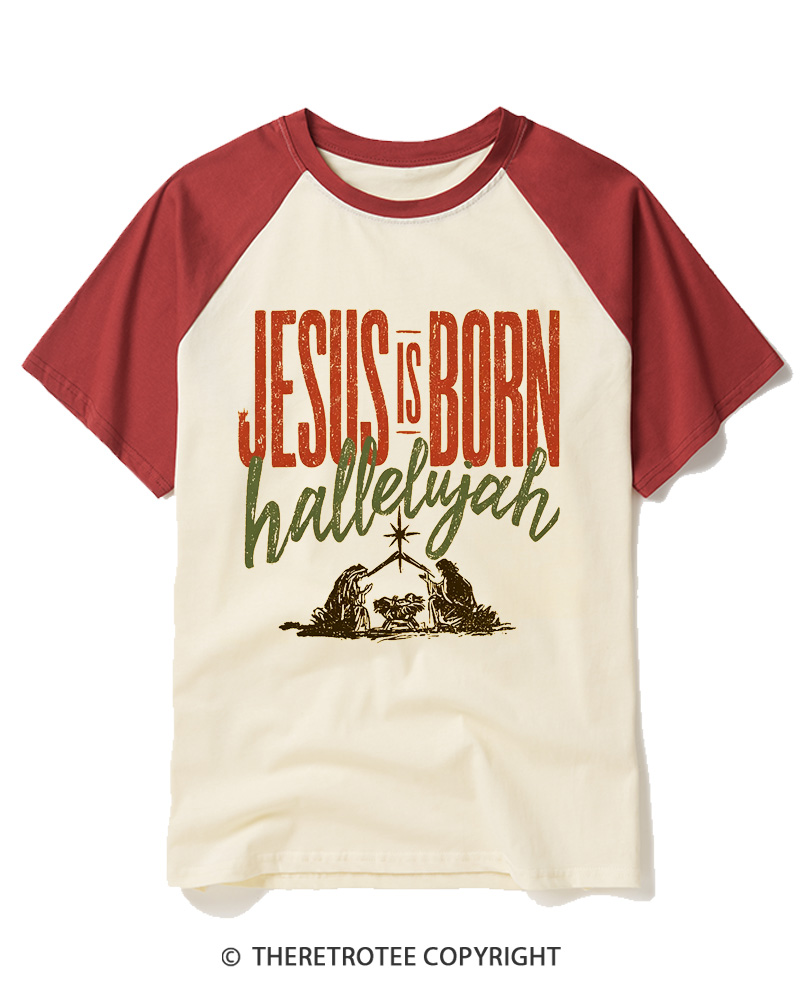 TheRetroTee Jesus Is Born Hallelujah 1970s Raglan Baseball T-Shirt