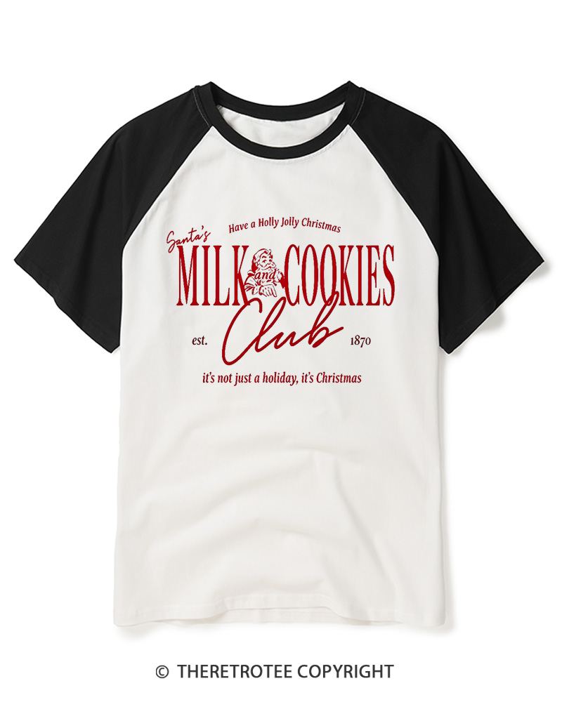 TheRetroTee Santa’s Milk and Cookies Club 1950s Raglan Baseball T-Shirt