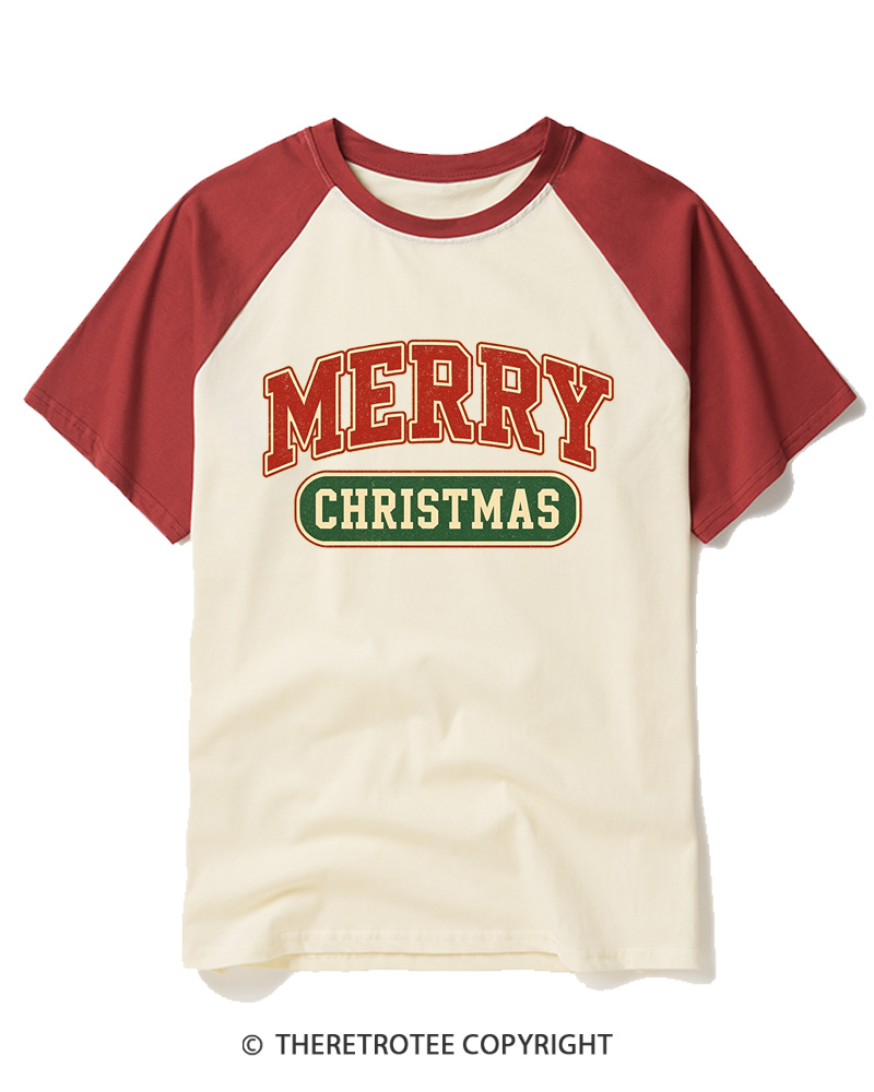 TheRetroTee Merry Christmas 1950s Raglan Baseball T-Shirt