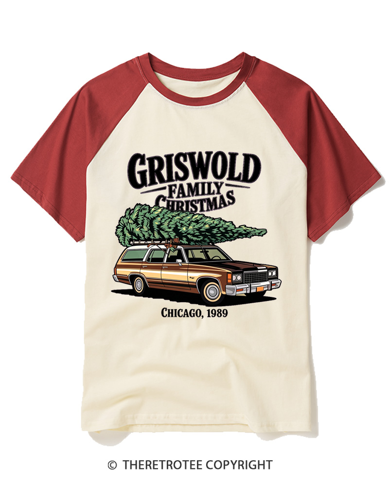 TheRetroTee Griswold Family Christmas 1980s Raglan Baseball T-Shirt