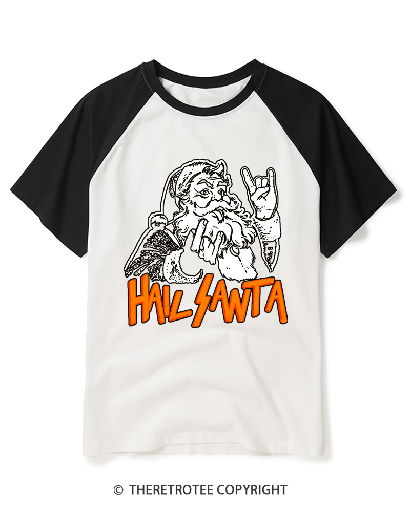 TheRetroTee Hail Santa 1980s Raglan Baseball T-Shirt
