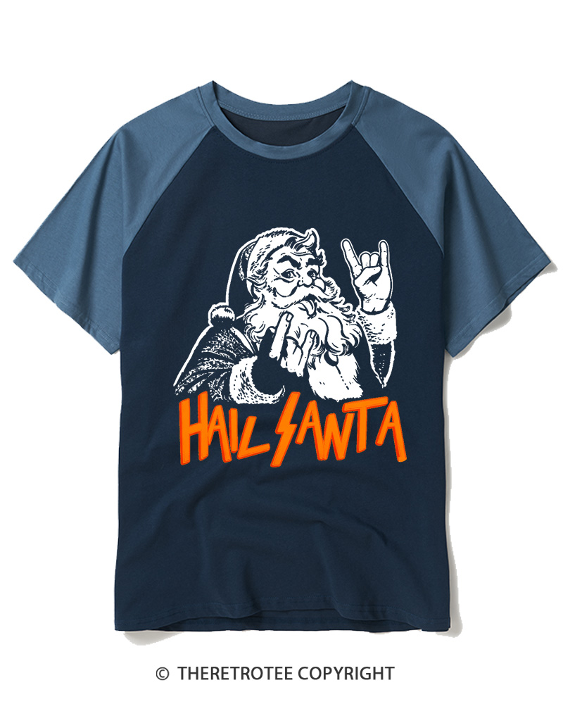 TheRetroTee Hail Santa 1980s Raglan Baseball T-Shirt