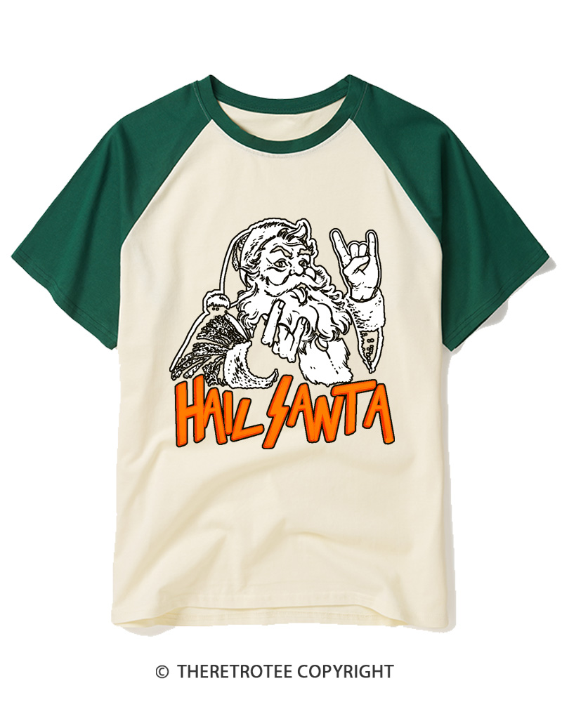 TheRetroTee Hail Santa 1980s Raglan Baseball T-Shirt