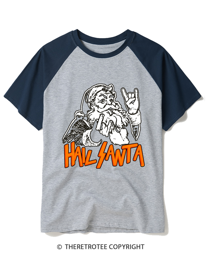 TheRetroTee Hail Santa 1980s Raglan Baseball T-Shirt