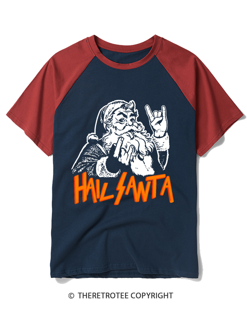 TheRetroTee Hail Santa 1980s Raglan Baseball T-Shirt