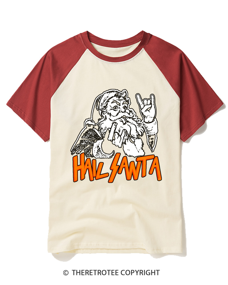 TheRetroTee Hail Santa 1980s Raglan Baseball T-Shirt