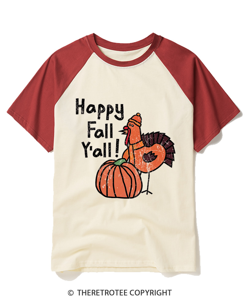 TheRetroTee Happy Fall Yall 1990s Raglan Baseball T-Shirt