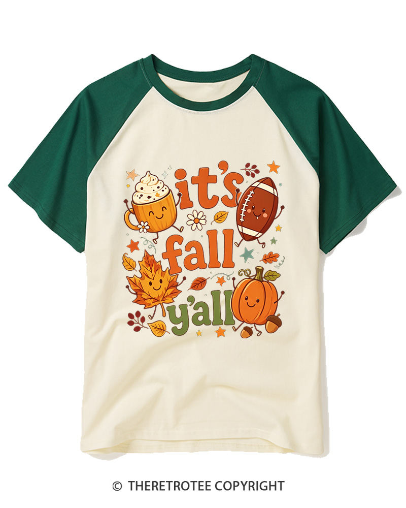 TheRetroTee It's Fall Y'all 1990s Raglan Baseball T-Shirt