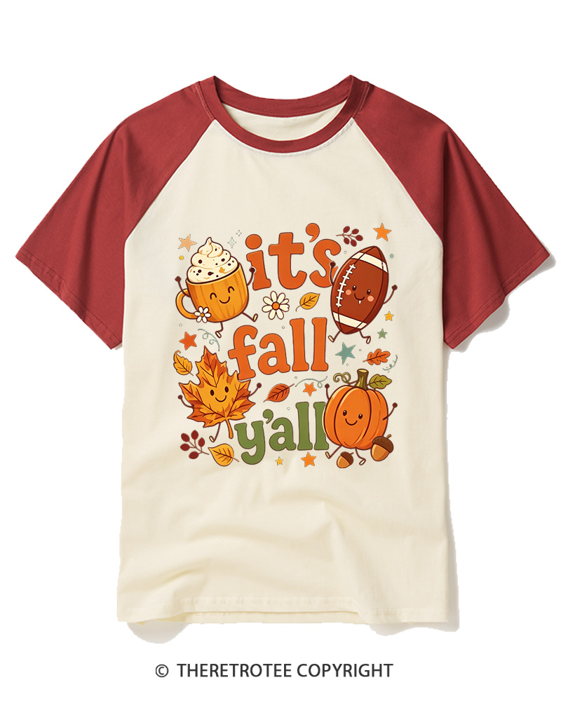 TheRetroTee It's Fall Y'all 1990s Raglan Baseball T-Shirt