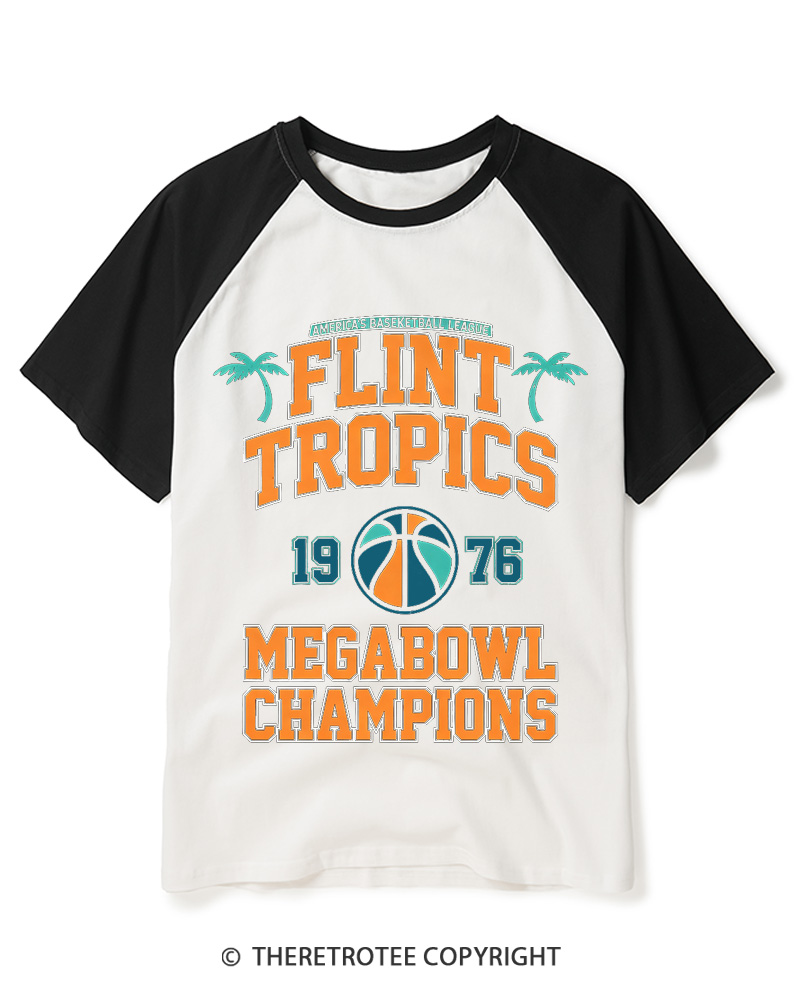 TheRetroTee Flint Tropics Megabowl Champions 1976 Raglan Baseball T-Shirt