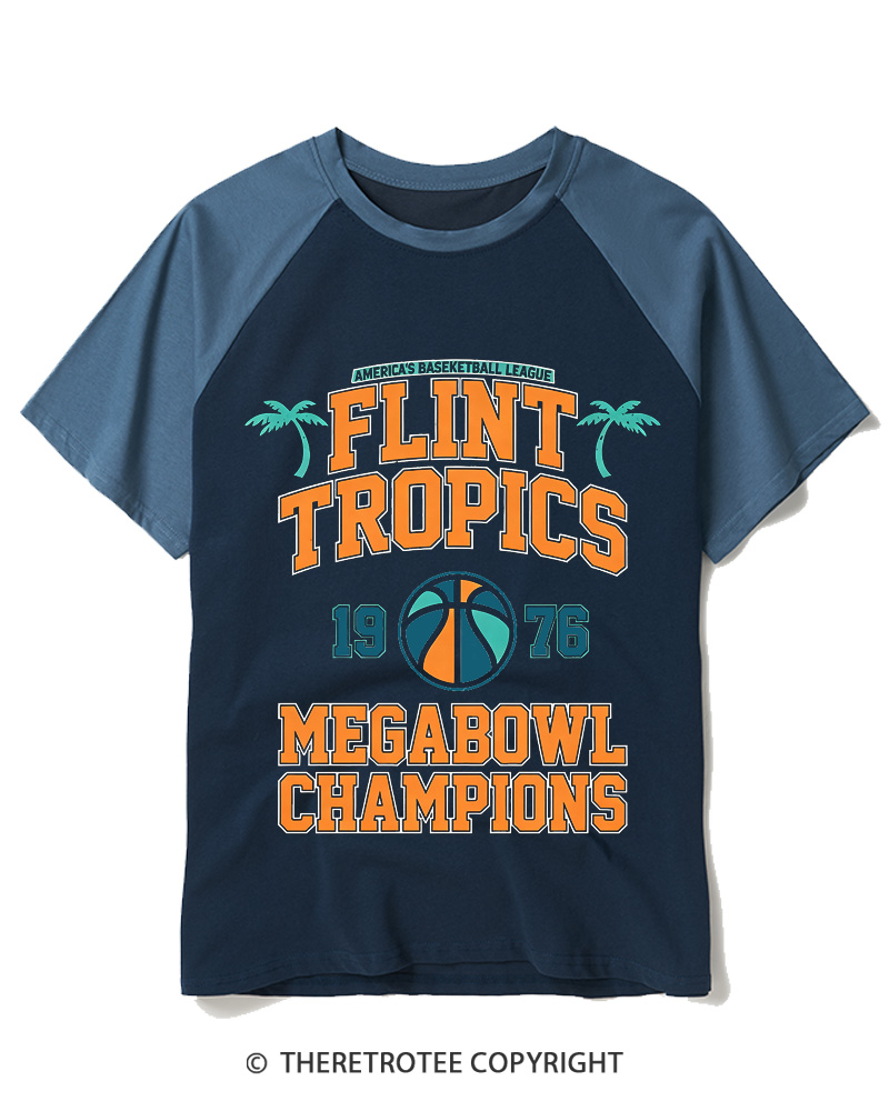 TheRetroTee Flint Tropics Megabowl Champions 1976 Raglan Baseball T-Shirt